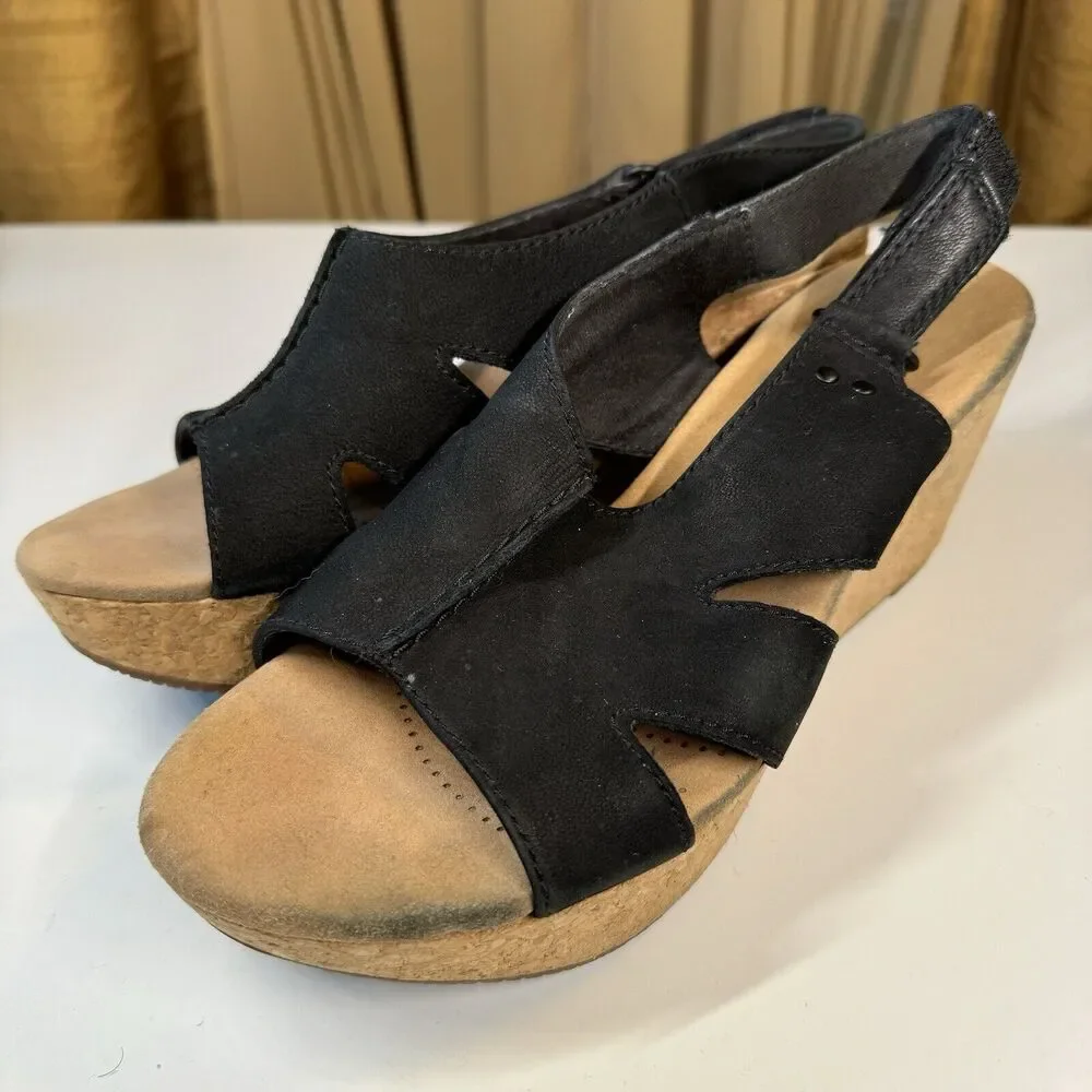 Clarks Sandals Womens Sz 7 M Annadel Bari Platform Wedge Slingback Black Cork